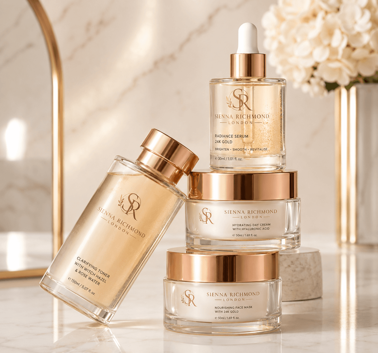 Luxurious Sienna Richmond London skincare products in gold and glass packaging on marble.